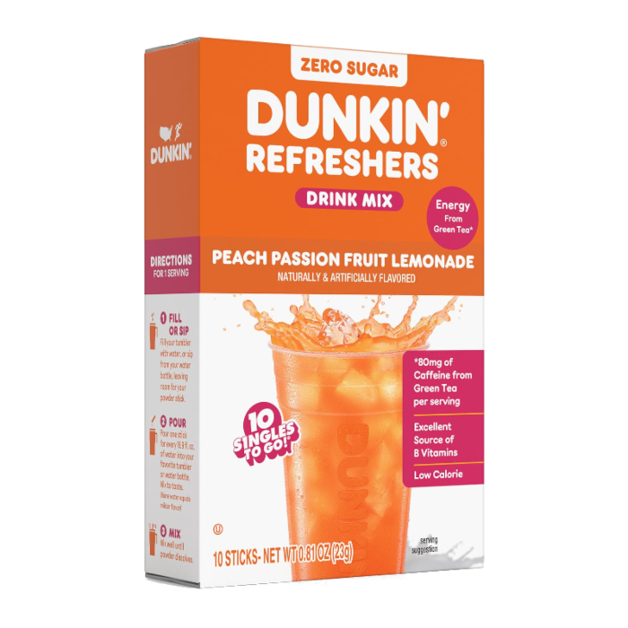 Front of Dunkin' Refreshers Singles to go Peach Passion Fruit Lemonade box showing the brand logo, flavour name, and pack size (23g)