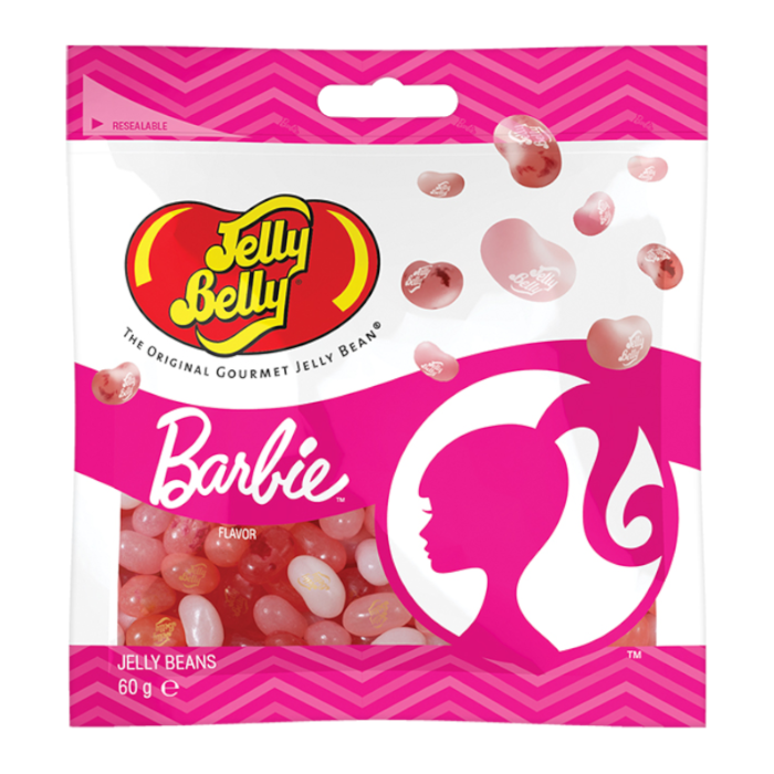 Front of Jelly Belly Barbie Jelly Beans bag showing the brand logo, Barbie flavour name, jelly bean illustration, and 60g pack size.