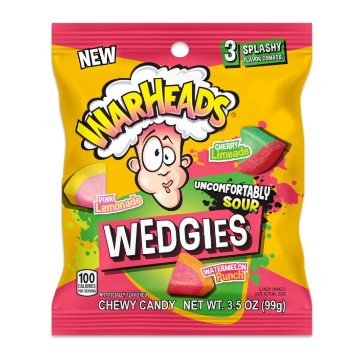 Front of Warheads Wedgies Chewy Candy bag featuring a cartoon character, with flavours Pink Lemonade, Cherry Limeade, and Watermelon Punch (99g pack)