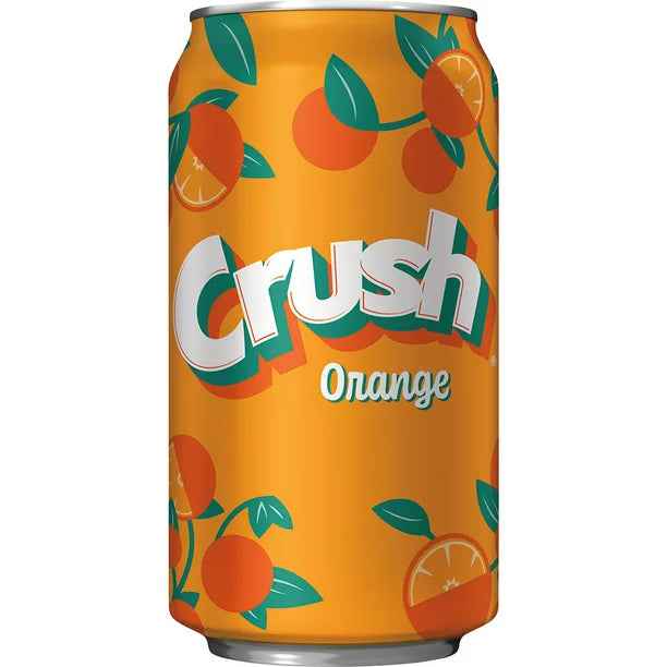 Front of Crush Orange soda can featuring bright orange background, logo with Crush and Orange, and citrus fruit illustrations (355ml)