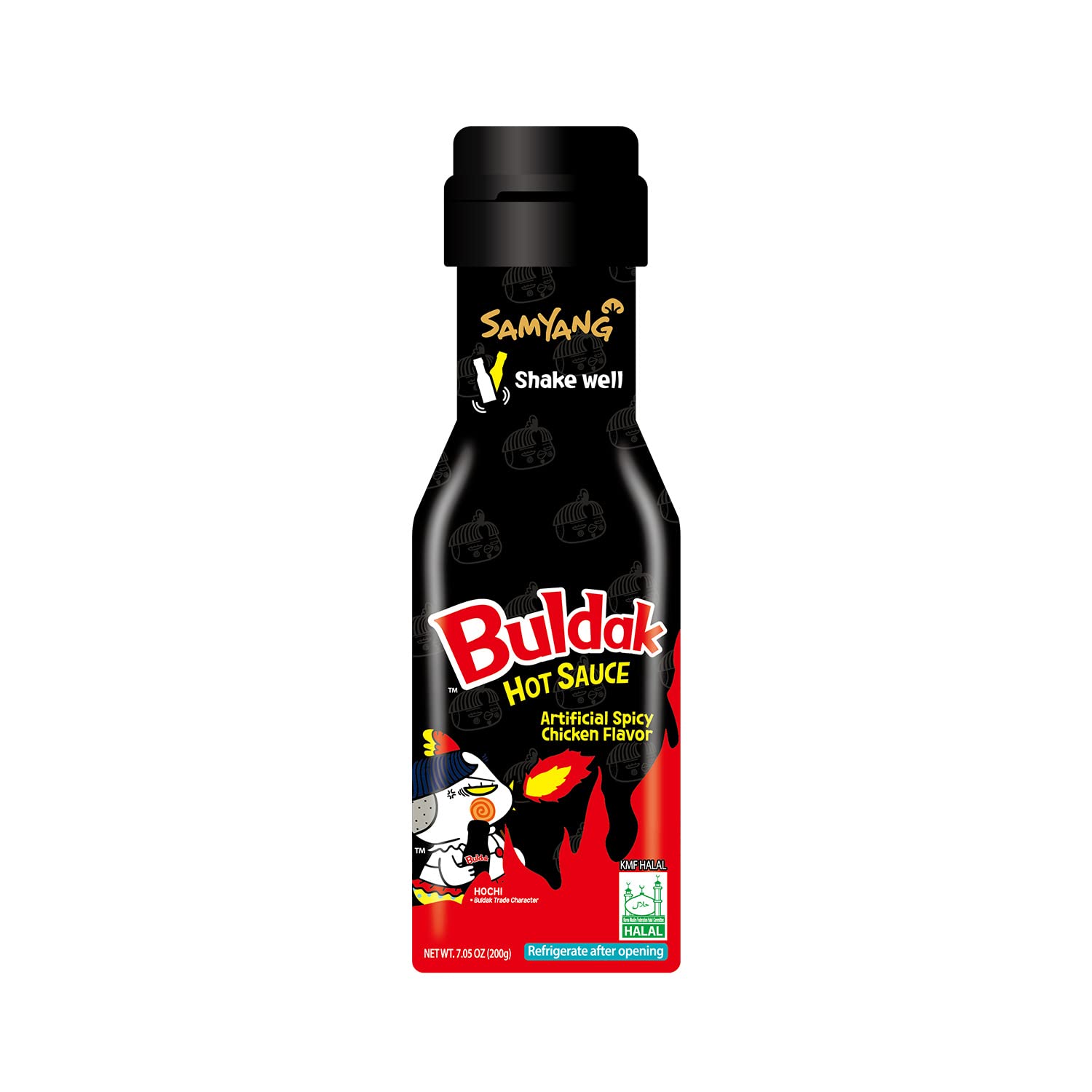 Front of Samyang Buldak Hot Chicken Sauce bottle showing vibrant logo, black packaging with red accents, and 200g label.