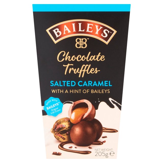 Front of Bailey's Salted Caramel Truffles pack featuring logo, chocolate truffles, and salted caramel detail (205g)