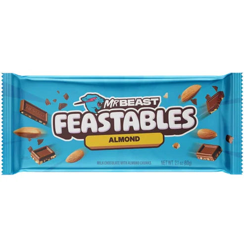 Front of Feastables Mr Beast Almond Chocolate Bar showing blue packaging, almond pieces, chocolate bar image, and product title (60g)