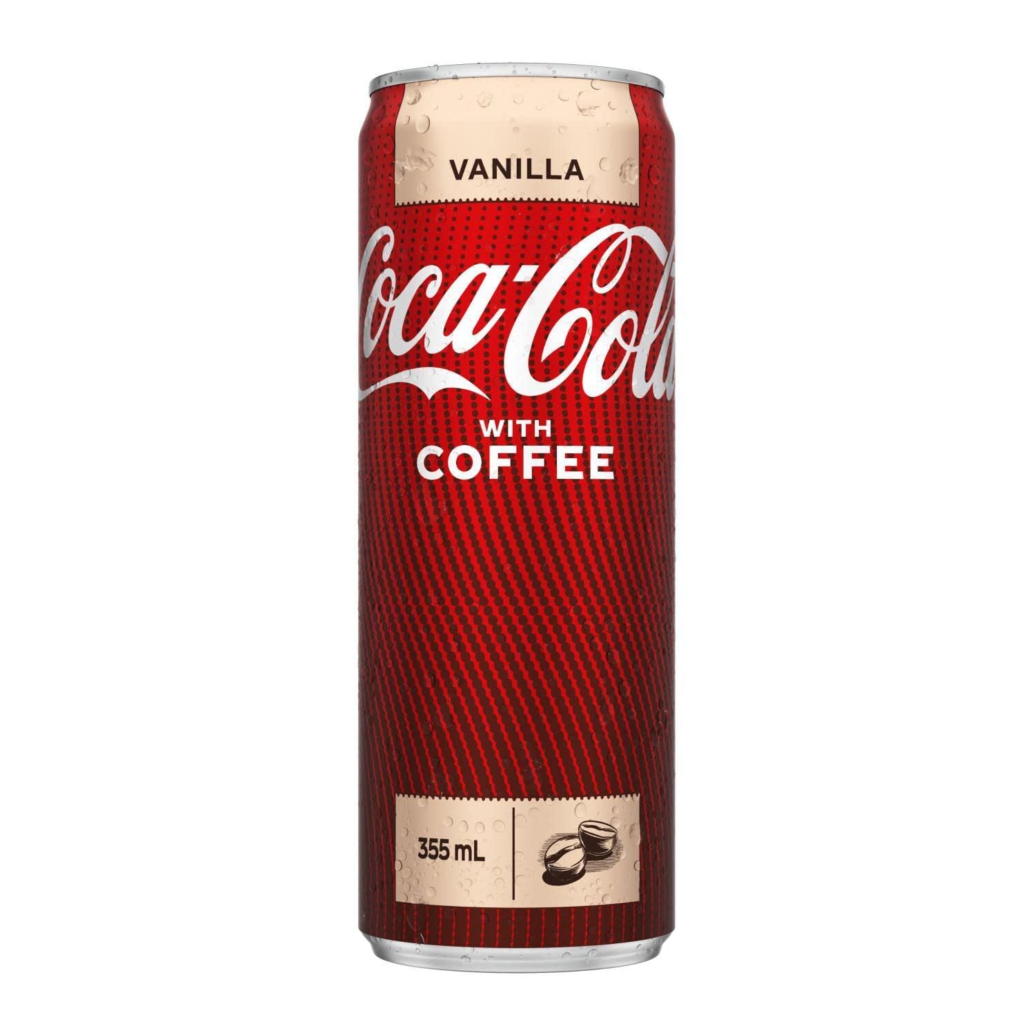 Front of Coca Cola Coffee Vanilla can featuring the iconic logo, vanilla flavour label, and 355ml size detail.