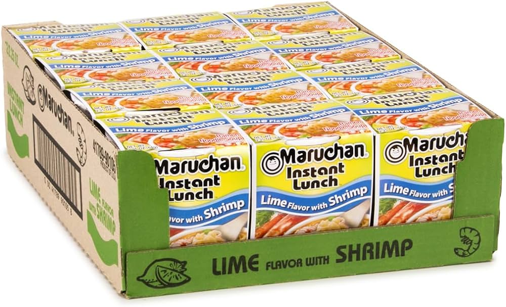 Front of Maruchan Lime Shrimp Flavour Instant Lunch Ramen Noodles 12 Pack showing vibrant yellow box with shrimp and lime flavour details (12 x 64g)