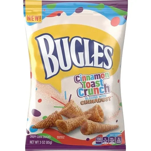 Front of Bugles Cinnamon Toast Crunch bag showing bold logo, sweet cinnamon flavour label, and crispy corn snacks in a cone shape (85g pack)
