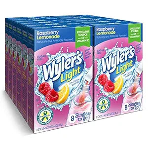 Front of Wyler's Raspberry Lemonade Singles To Go box showing Wyler's Light logo, raspberry lemonade flavour, and 12 pack (216g)