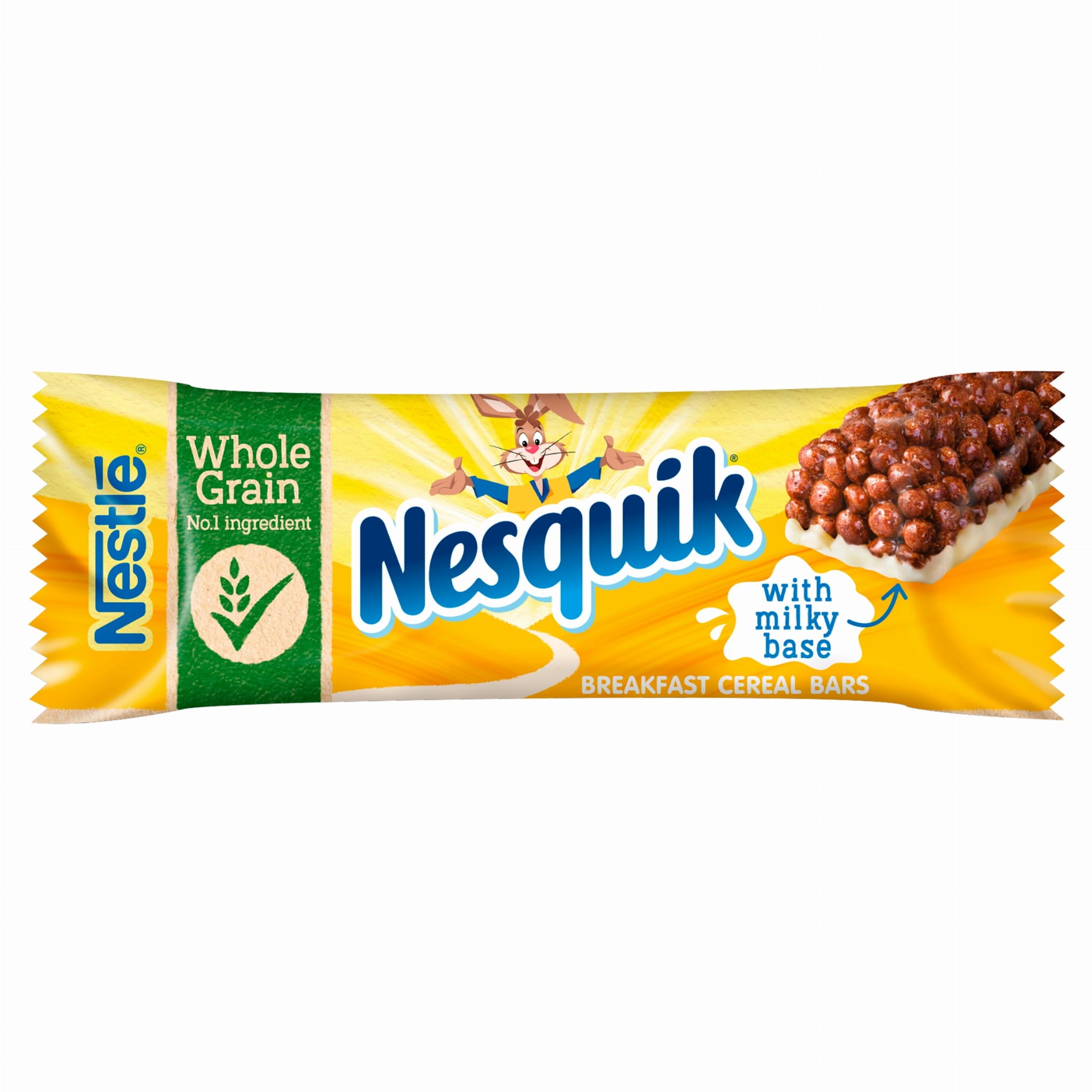 Front of a Nesquik Breakfast Cereal Bar showing whole grain logo, milky base text, and branding on a yellow and green wrapper (25g)