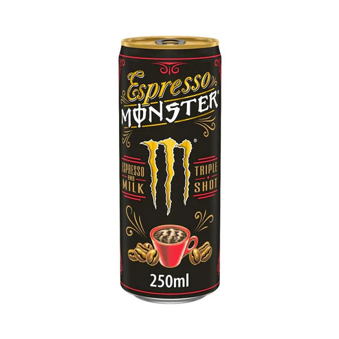 Front of Monster Espresso with Milk Tripleshot can showing the logo, espresso drink details, and serving size (250ml)