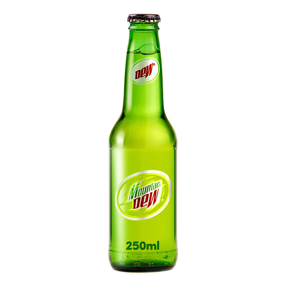 Front of Mountain Dew Original Glass Bottle showing logo, bold citrus flavour label, and 250ml size.