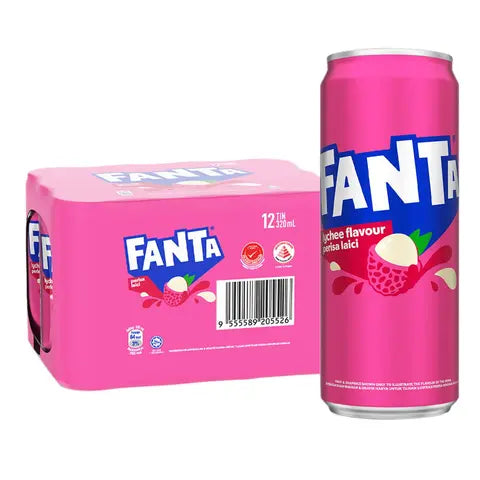 Front of Fanta Lychee Case of 12 (320ml x12) showing pink packaging with Fanta logo and lychee flavour details.