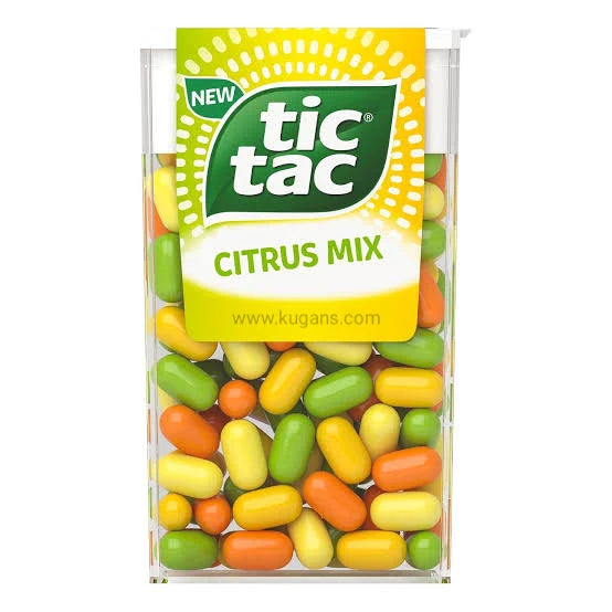 Front of Tic Tac Citrus Mix container featuring the Tic Tac logo, citrus mix label, and colourful mints (18g pack)