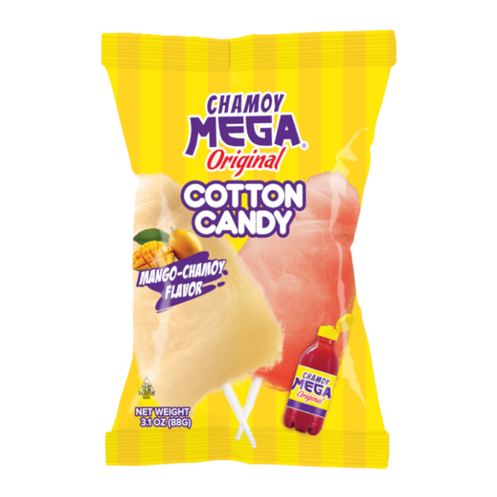 Front of Mega Chamoy Mango-Chamoy Flavour Cotton Candy bag with bright yellow stripes, mango illustration, and logo (88g pack)
