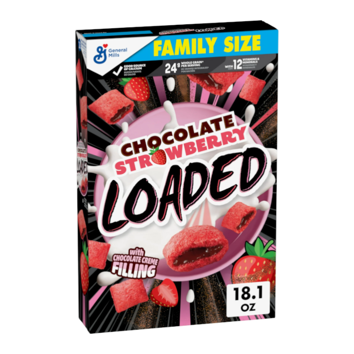 Front of General Mills Loaded Chocolate Strawberry Cereal box showing bold logo, chocolate and strawberry flavour details, and pack size (513g).