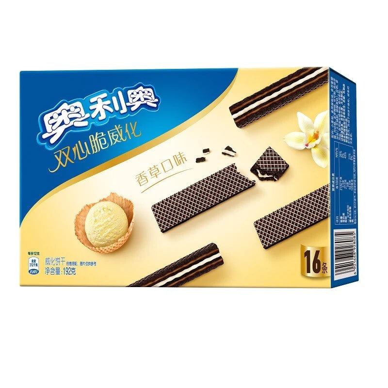 Front of Oreo Double Crunchy Wafer Vanilla pack showing the logo, vanilla flavour text, and images of crunchy wafers (72g pack)