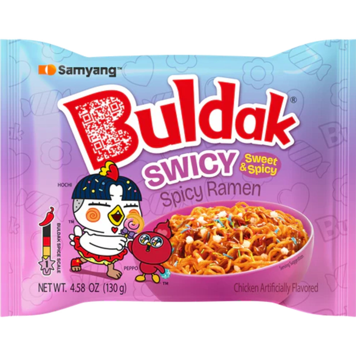 Front of Samyang Buldak Swicy Hot Chicken Ramen Noodles (130g) packet featuring the logo, colourful cartoon characters, and spicy ramen noodles.