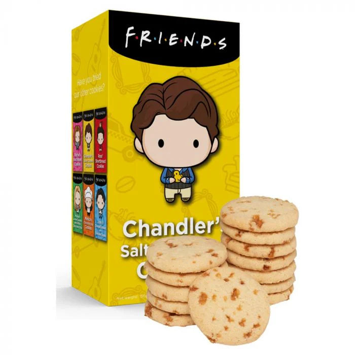 Front of Friends Chandler's Salted Caramel Cookies box displaying character design and the product title, featuring cookies stacked in front (150g pack)