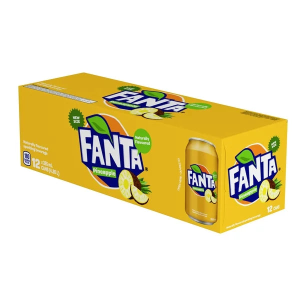 Front of Fanta Pineapple case showing logo, pineapple flavour label, and packaging details (12 x 355ml)