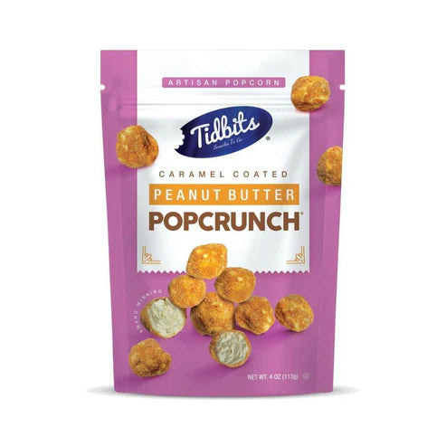 Front of Tidbits Peanut Butter Popcorn Original bag featuring a purple design, the brand logo, and caramel-coated popcorn pieces (113g pack)
