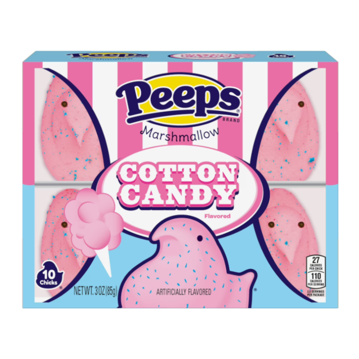 Front of Peeps Cotton Candy Marshmallow Chicks box featuring pink marshmallow chicks, cotton candy flavour label, and 85g pack size.