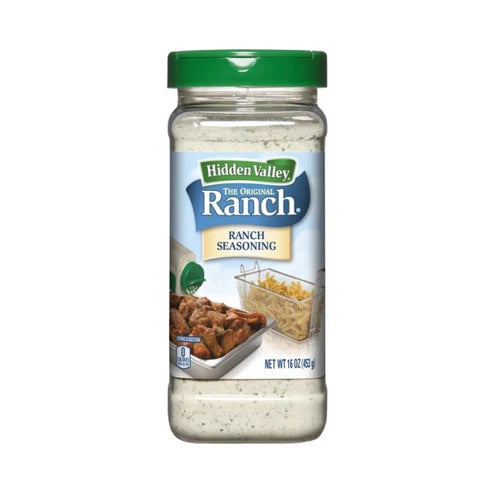 Front of Hidden Valley The Original Ranch Seasoning bottle showing brand logo, ranch seasoning label, and usage images (453g jar)