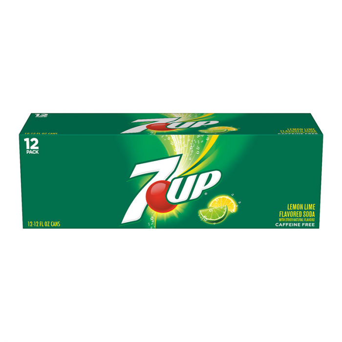 Front of 7UP Original Lemon Lime Case Of 12 showing green packaging with logo, lemon lime flavour label, and 12 pack of cans (355ml each)