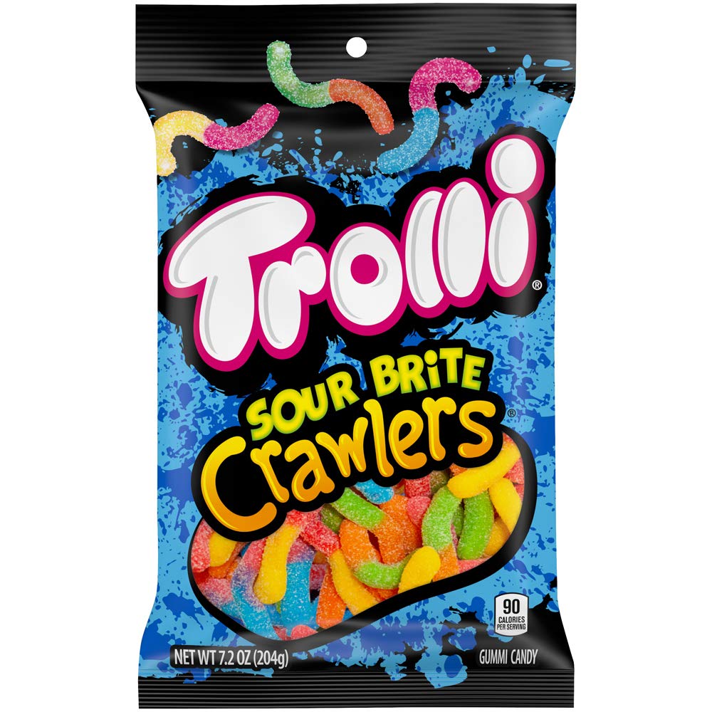 Front of Trolli Sour Brite Crawlers bag featuring colourful gummy worms, brand logo, and 141g pack size