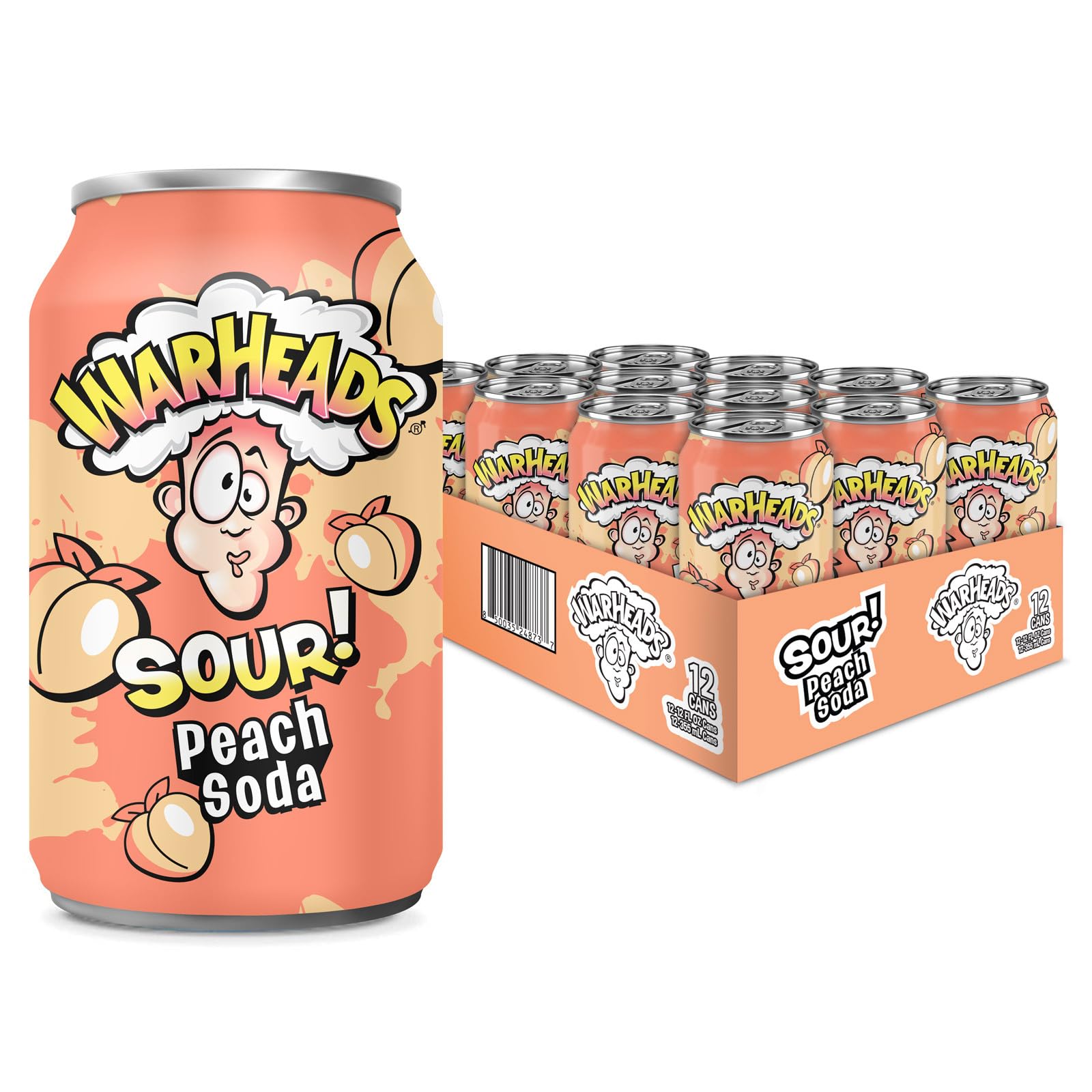 Front of Warheads SOUR! Peach Soda can featuring vibrant peach design and logo, packed in a case of 12 (355ml cans)
