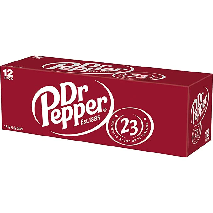 Front of Dr Pepper USA Original Case of 12 showing the iconic logo, 23 flavours label, and packaging details (355ml x12)