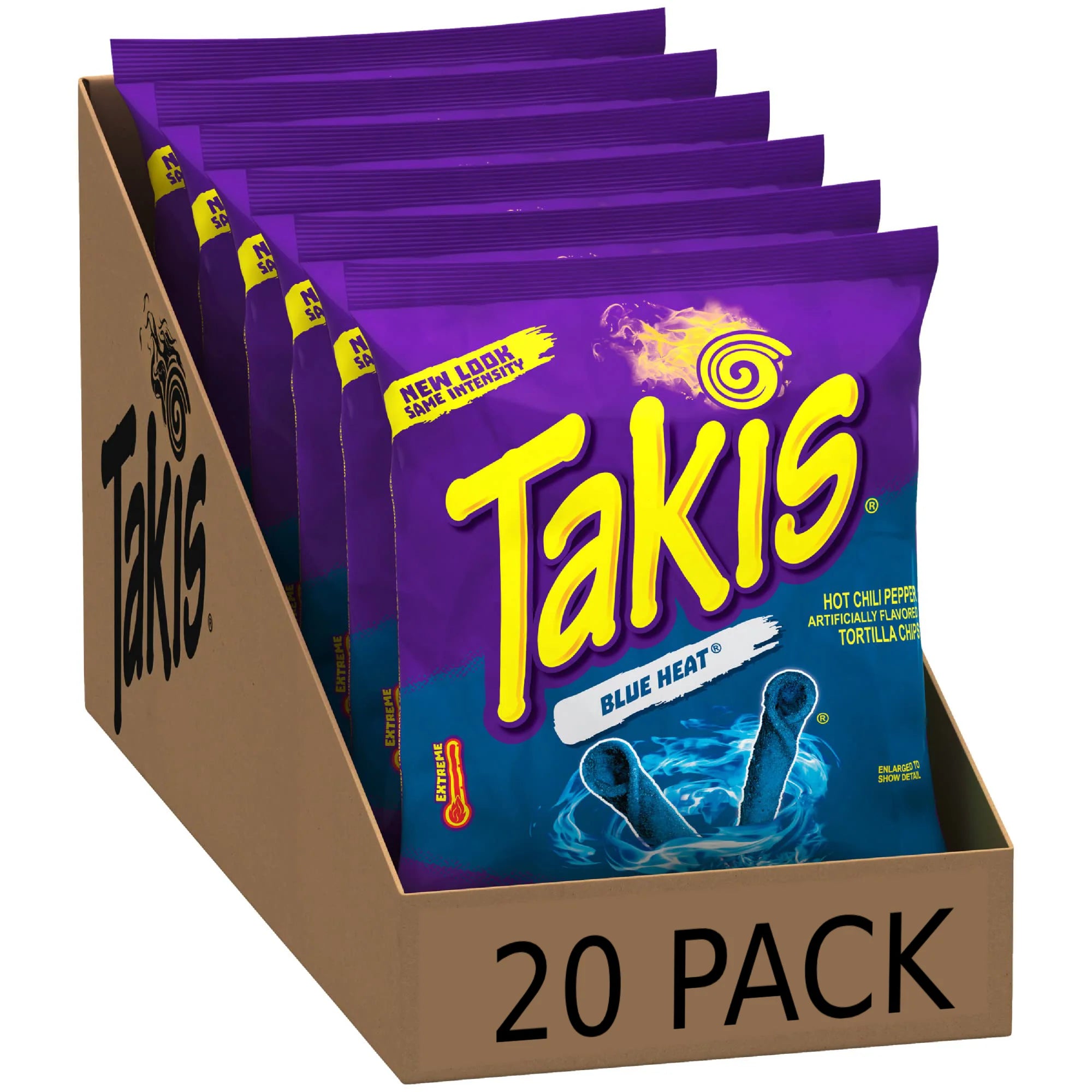 Front of Takis Blue Heat box showing logo, bold blue chips in a vibrant design, and 20 pack display.