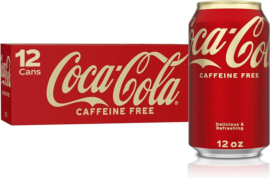 Front of Coca Cola Caffeine Free 12 pack with red design, iconic logo, and 355ml can display