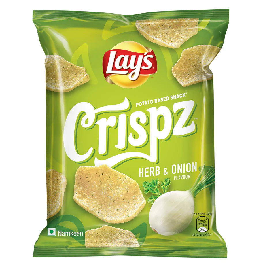 Front of Lay's Crispz Herb & Onion bag featuring the logo, crispy snacks, and herb and onion details, 44g pack.