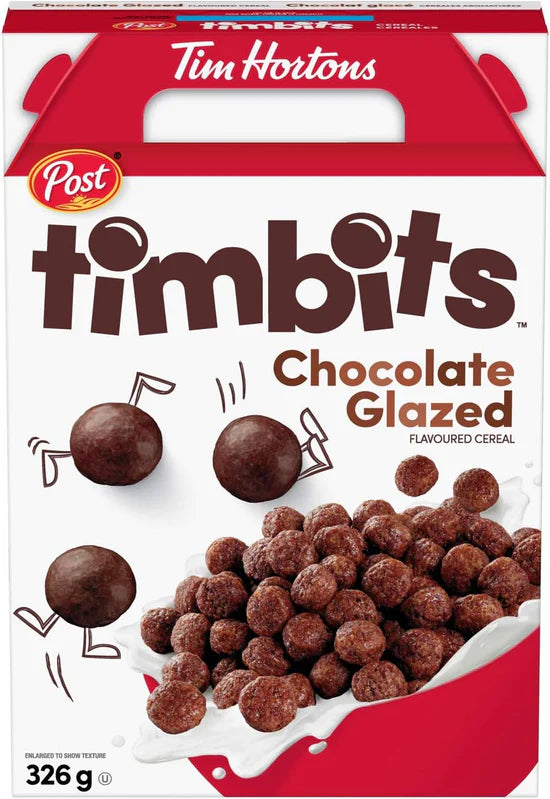 Front of Tim Hortons Timbits Chocolate cereal box showing brand logo, chocolate-flavoured label, and image of chocolate cereal pieces (326g pack)