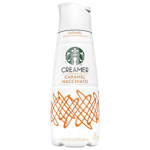 Front of Starbucks Caramel Macchiato Creamer bottle featuring the logo, caramel flavour design, and 828ml size