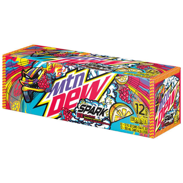 Front of Mountain Dew Spark case showing vibrant design, logo, raspberry lemonade flavour, and 12 pack of 355ml cans