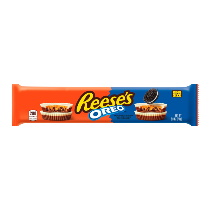 Front of Reese's Oreo Cups King Size package displaying the brand logo, King's size label, and a tempting image of chocolate and peanut butter cups (79g)