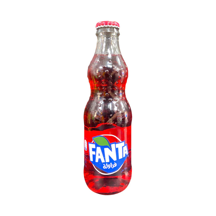 Front of Fanta Strawberry Glass Bottle (Kuwait) showing the vibrant red label, logo, and fizzy drink (250ml pack)
