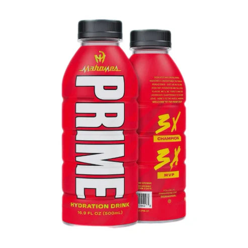 Front of Prime Hydration Patrick Mahomes bottle showing bold red logo, hydration drink label, and 500ml size details.