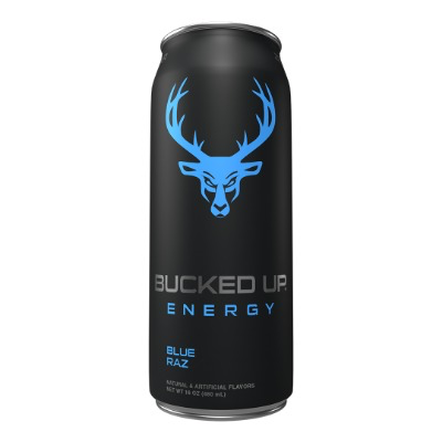 Front of a Bucked Up Energy Blue Raz can displaying a logo with a blue deer, black background, and bold blue raspberry flavour text (473ml)