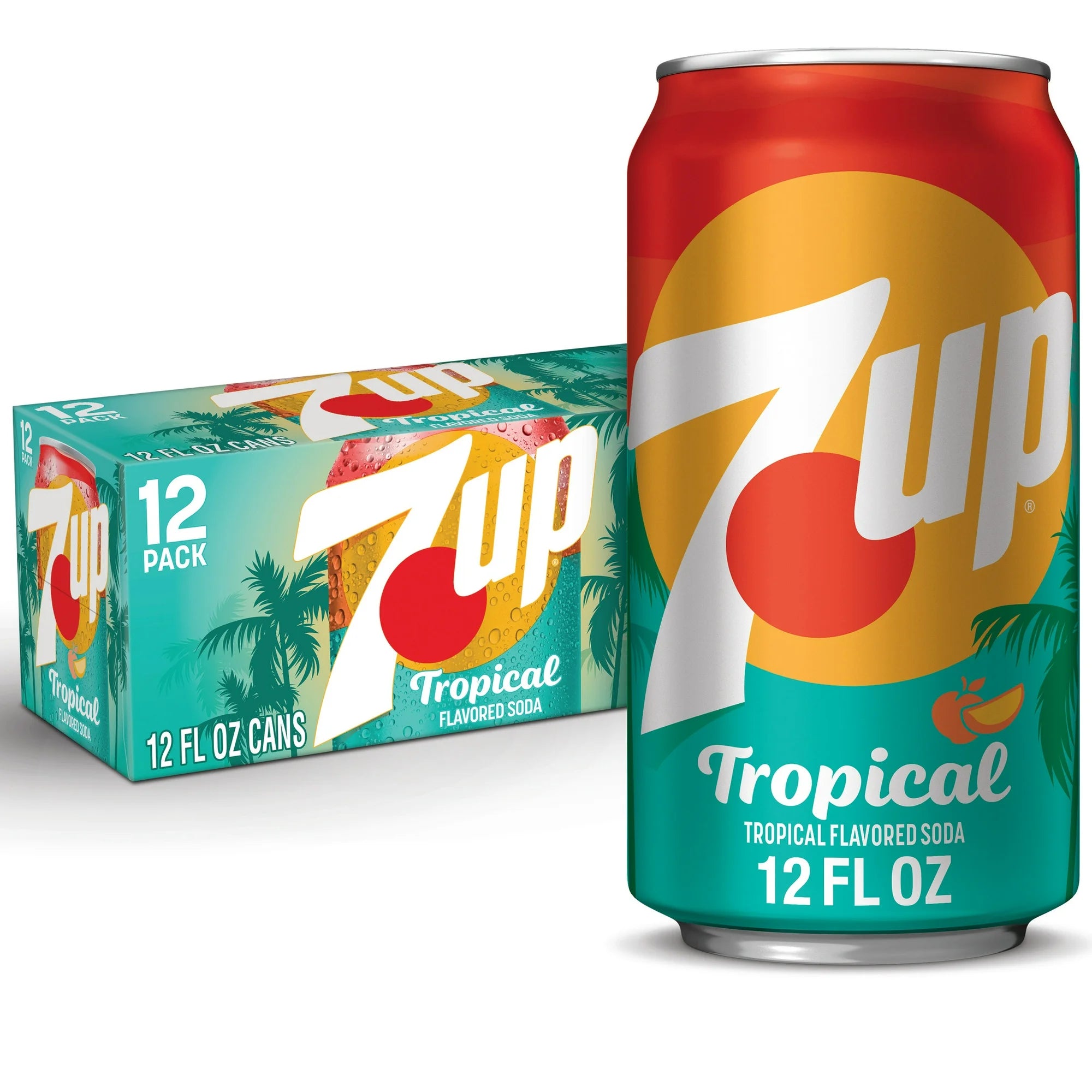 Front of 7up Tropical 12 pack showing vibrant tropical design, 7up logo, and details of 12 cans (355ml each)