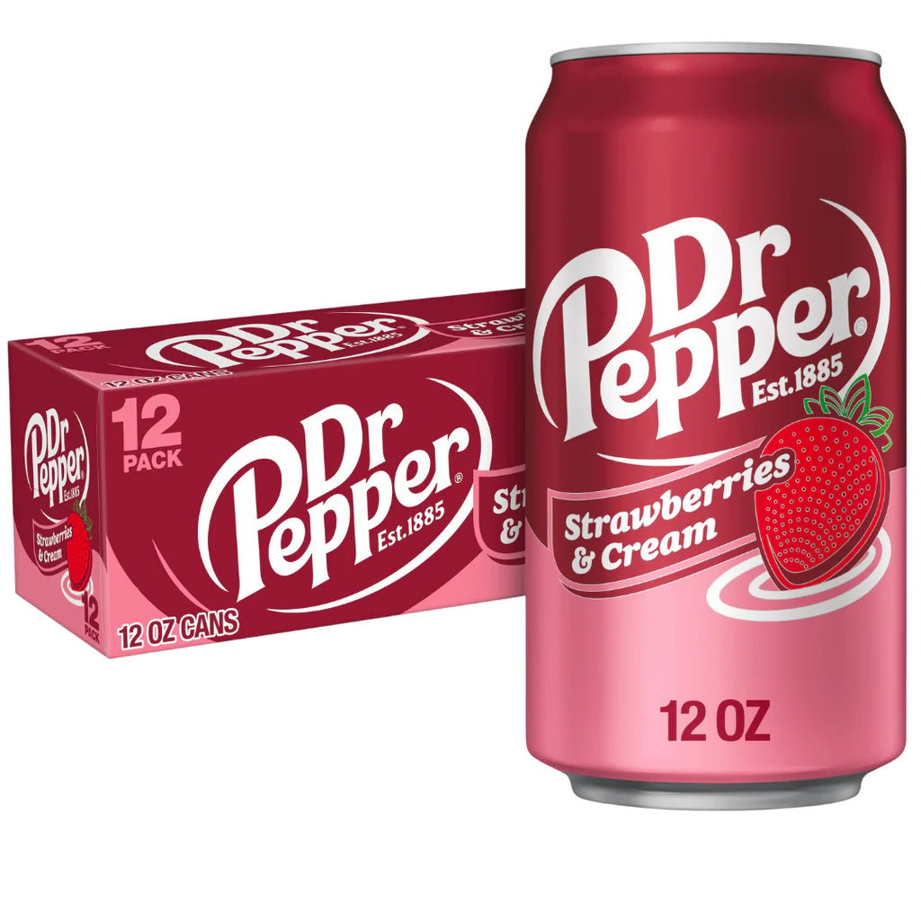 Front of Dr Pepper Strawberries & Cream packaging showing logo, strawberry illustration, and 12-pack of 355ml cans