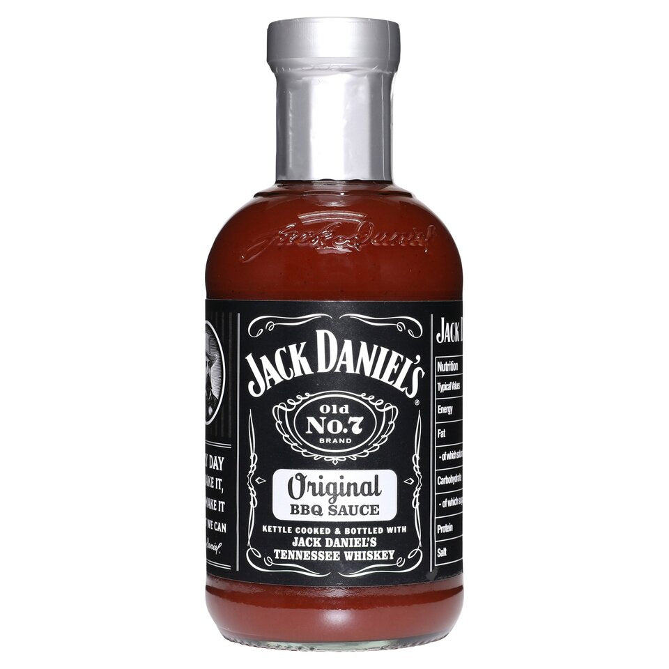 Front of Jack Daniels Original BBQ Sauce bottle featuring black label with logo, indicating it's a 553g pack of BBQ sauce.