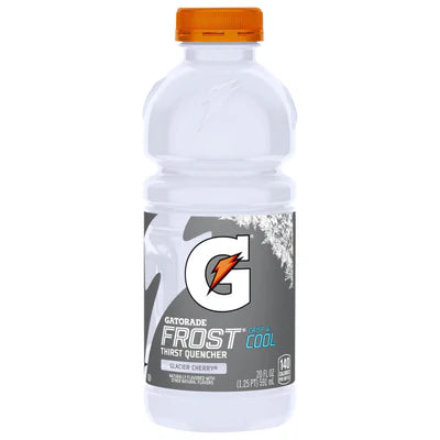 Front of Gatorade Glacier Cherry bottle displaying the logo, flavour label, and 355ml content.
