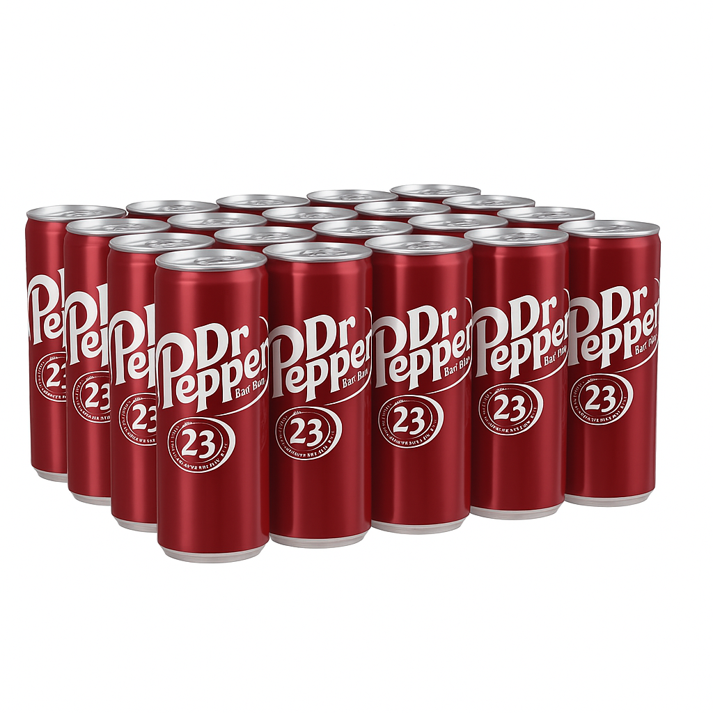 Front label of Dr Pepper Original Slim Can Case of 24 (24 x 330ml), displaying flavour and branding.