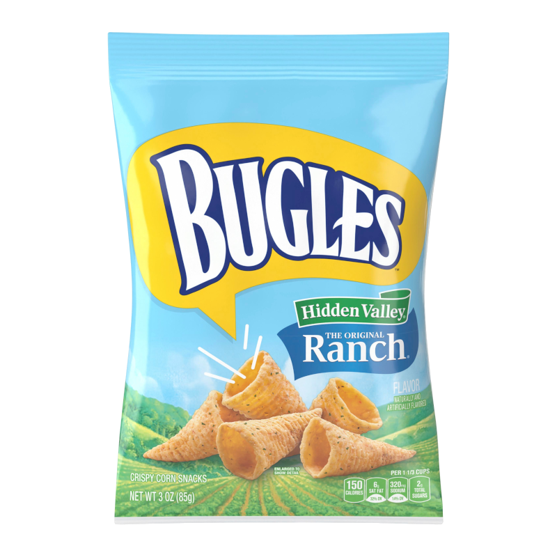 Front of Bugles Hidden Valley Ranch bag showing crispy corn snacks with logo and ranch flavour label (85g pack)