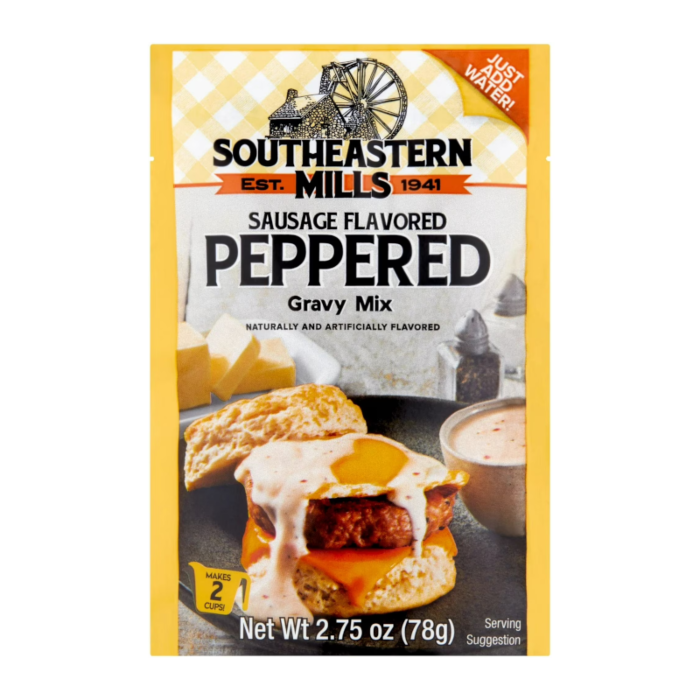 Front of Southeastern Mills Peppered Gravy & Sausage Flavor packet showing the logo, peppered gravy mix label, and image of served biscuits with gravy (78g pack)