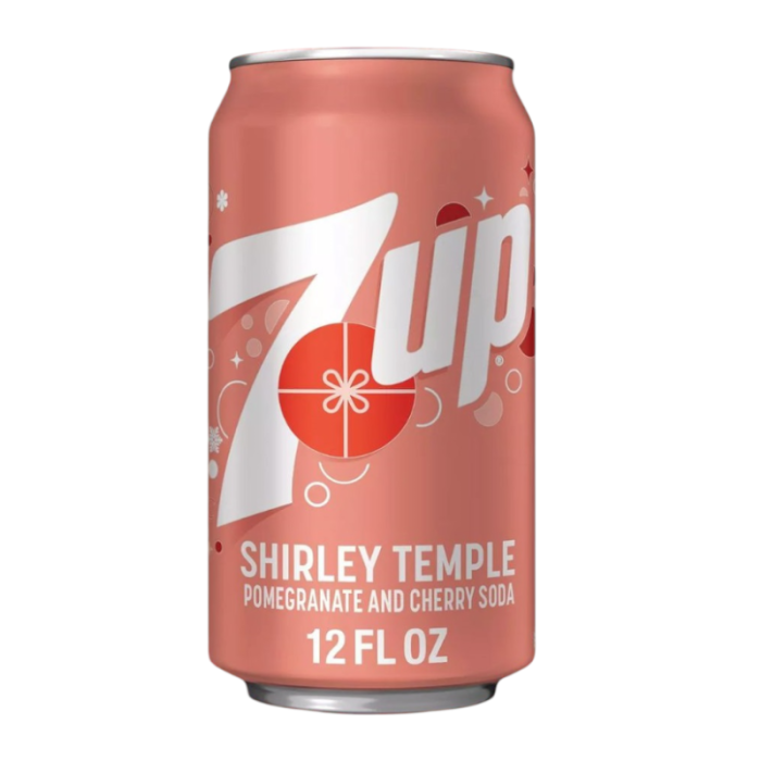 Front of 7up Shirley Temple Pomegranate & Cherry soda can featuring pink design, logo, and flavour details (355ml)