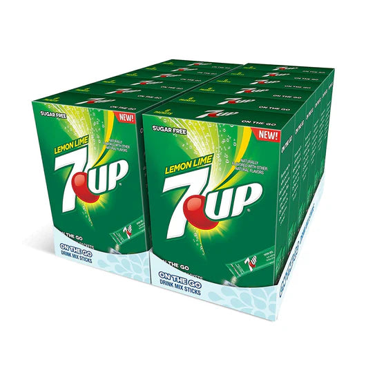 Front of 7up Lemon Lime Singles To Go box showing green packaging, product name, lemon-lime flavour, and 12 pack of drink mix sticks (158.4g)
