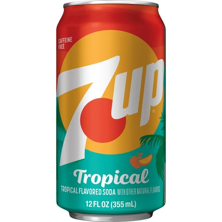 Front of 7up Tropical can featuring bold logo, tropical flavour label, and pack size (355ml)