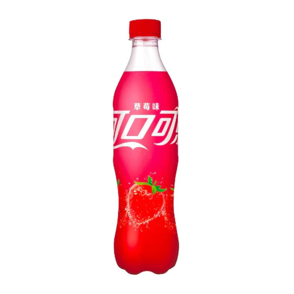 Front of Coca Cola Strawberry (China) bottle showing vibrant pink design with logo and strawberry imagery (500ml pack)